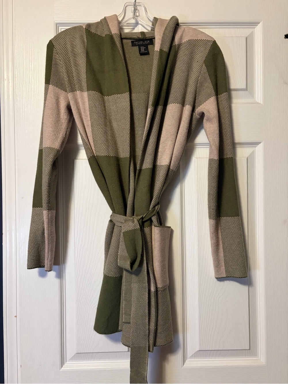 Rachel Zoe Olive & Beige Hooded Knit Cardigan w/Tie- Size XS
